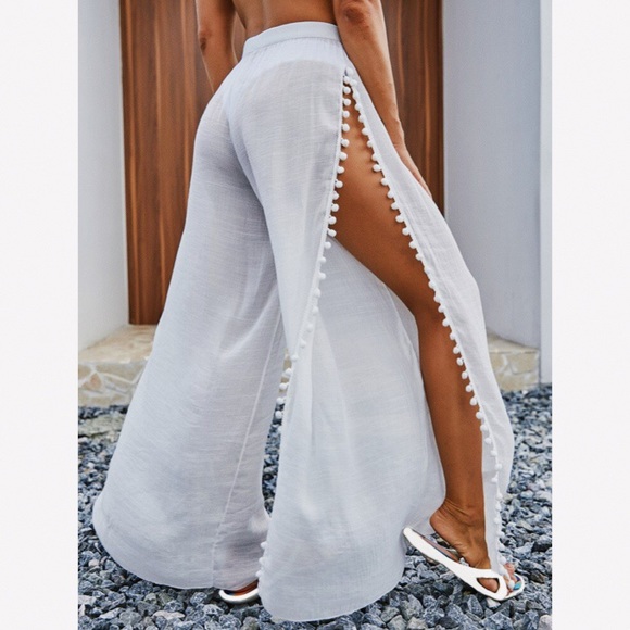 🐚 TALL WHITE POM POM SLIT HIGH WAIST BEACH PANTS! - Picture 3 of 12